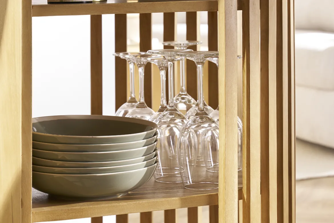 Ilot - table de bar avec rangements en bois clair manguier massif H90 cm LOBIO