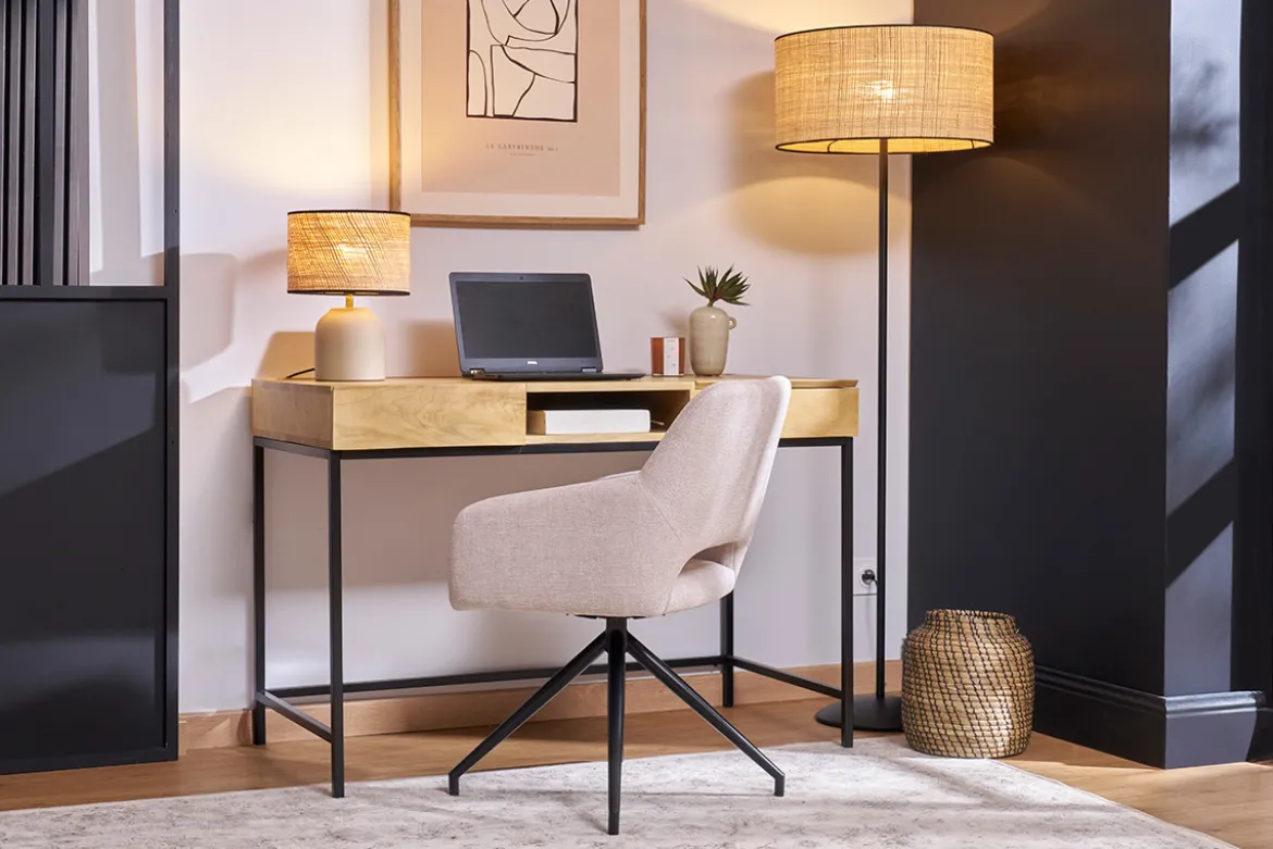 Lampadaire en rabane et métal noir H170 cm ALOE