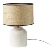Lampe à poser blanche en céramique effet pierre et abat-jour en raphia H35 cm ROCHA