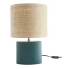 Lampe à poser en céramique bleu pétrole mat et abat-jour en raphia naturel H40 cm TIGA