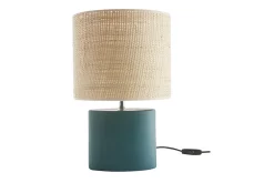 Lampe à poser en céramique bleu pétrole mat et abat-jour en raphia naturel H40 cm TIGA