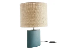 Lampe à poser en céramique bleu pétrole mat et abat-jour en raphia naturel H40 cm TIGA