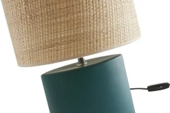 Lampe à poser en céramique bleu pétrole mat et abat-jour en raphia naturel H40 cm TIGA