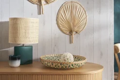Lampe à poser en céramique bleu pétrole mat et abat-jour en raphia naturel H40 cm TIGA
