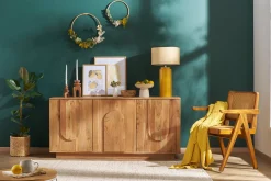 Lampe à poser en céramique émaillée jaune et abat-jour en raphia naturel H64 cm MAJES