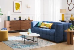 Lampe à poser en céramique émaillée jaune et abat-jour en raphia naturel H64 cm MAJES