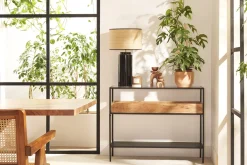 Lampe à poser en céramique émaillée noire et abat-jour en raphia naturel H64 cm MAJES