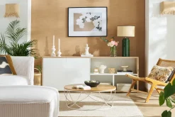 Lampe à poser en céramique émaillée verte et abat-jour en raphia naturel H64 cm MAJES