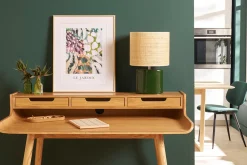 Lampe à poser en céramique vert foncé et abat-jour en raphia naturel H40 cm TIGA