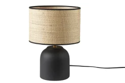 Lampe à poser noire en céramique mate et abat-jour en raphia H35 cm ROCHA