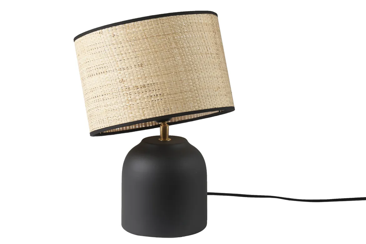 Lampe à poser noire en céramique mate et abat-jour en raphia H35 cm ROCHA
