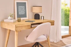 Lampe à poser noire en céramique mate et abat-jour en raphia H35 cm ROCHA
