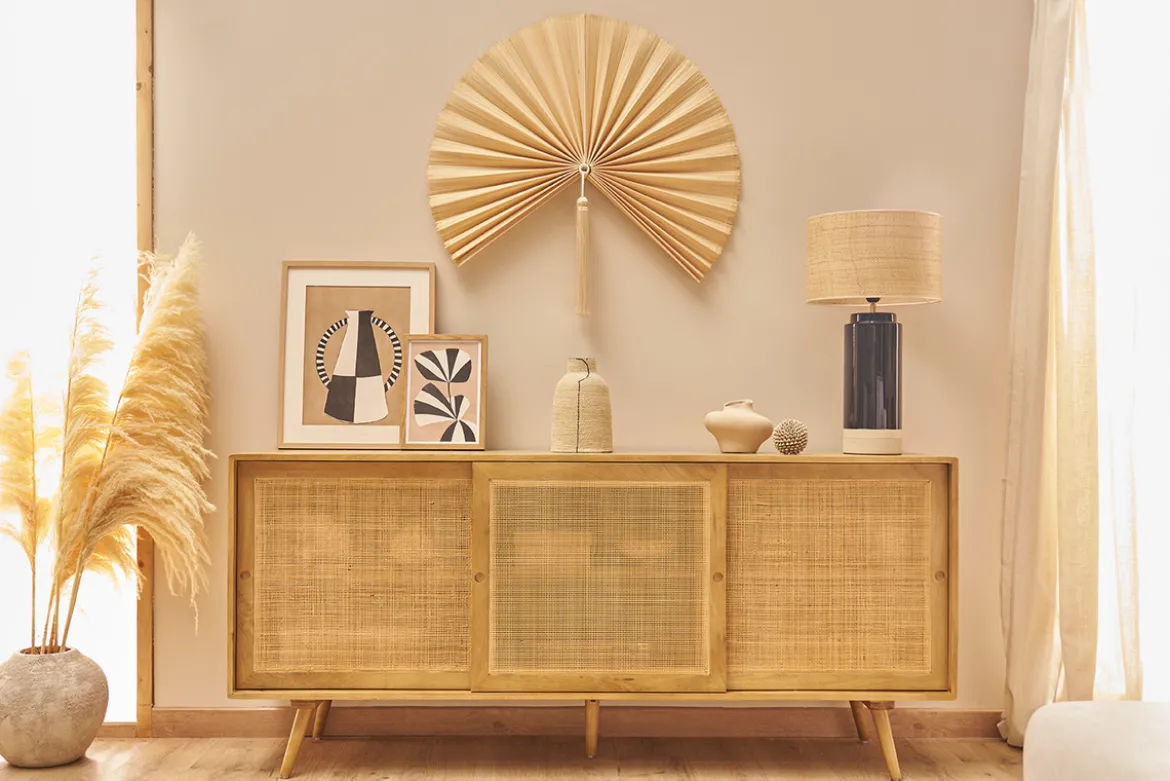 Lampe à poser noire en céramique et abat-jour en rabane H64 cm MAJES