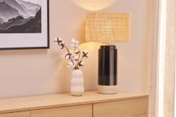 Lampe à poser noire en céramique et abat-jour en rabane H64 cm MAJES