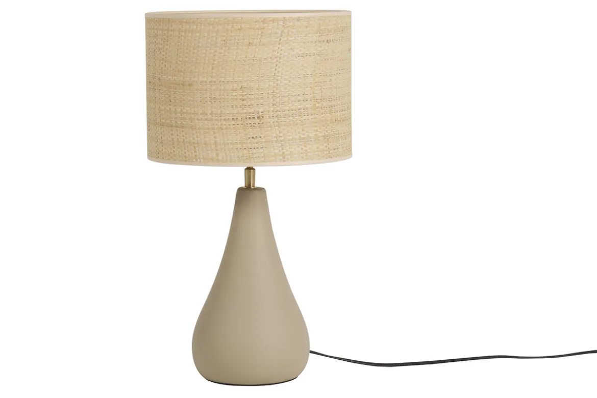 Lampe à poser taupe en céramique mate et abat-jour en raphia H49 cm PYRUS