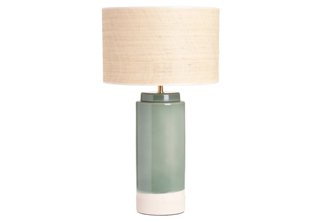 Lampe à poser verte en céramique et abat-jour en rabane H64 cm MAJES
