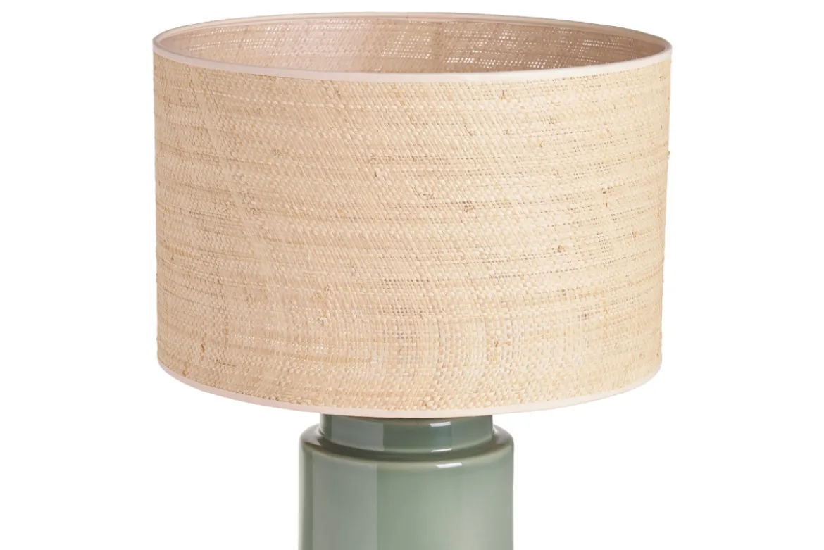 Lampe à poser verte en céramique et abat-jour en rabane H64 cm MAJES