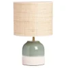 Lampe à poser verte en céramique et abat-jour en rabane H35 cm PIEGA