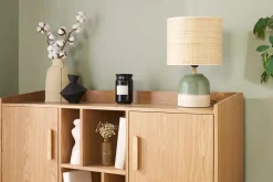 Lampe à poser verte en céramique et abat-jour en rabane H35 cm PIEGA