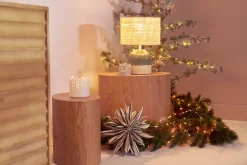 Lampe à poser verte en céramique et abat-jour en rabane H35 cm PIEGA