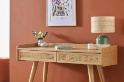 Lampe à poser verte en céramique et abat-jour en rabane H35 cm PIEGA