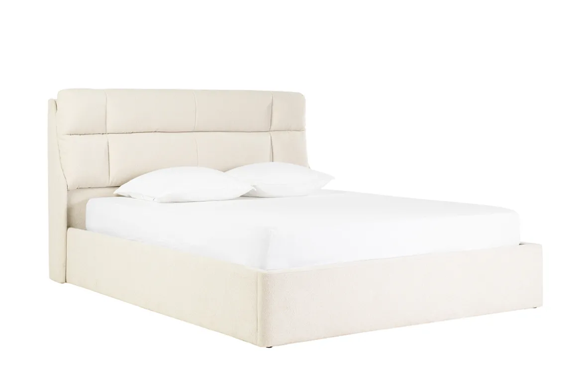 Lit coffre 2 places 160x200 cm en tissu texturé beige HONO