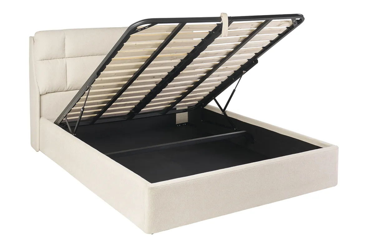 Lit coffre 2 places 160x200 cm en tissu texturé beige HONO