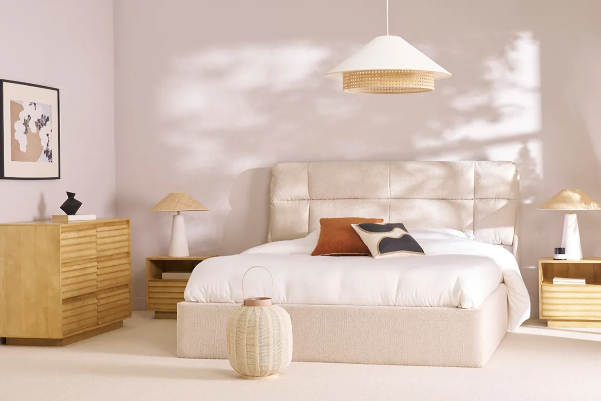 Lit coffre 2 places 160x200 cm en tissu texturé beige HONO