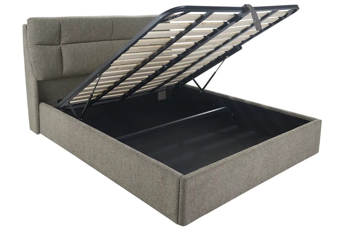 Lit coffre 2 places 160x200 cm en tissu texturé taupe HONO