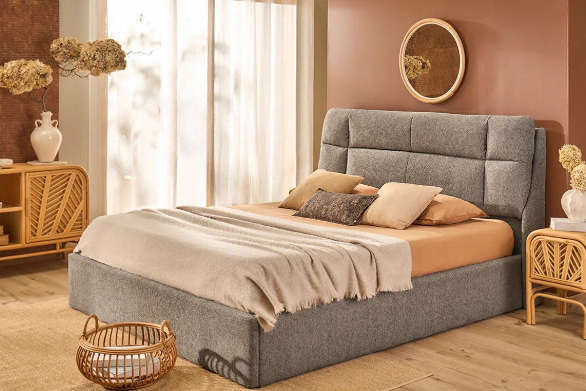 Lit coffre 2 places 160x200 cm en tissu texturé taupe HONO