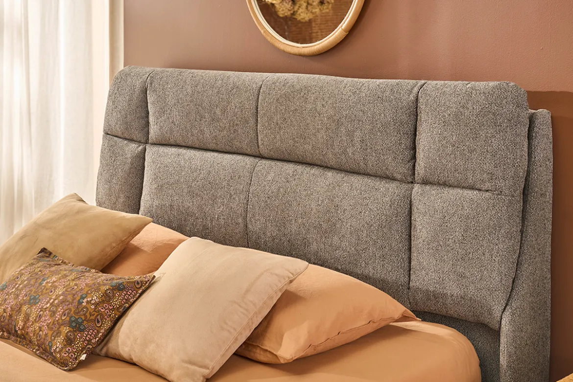 Lit coffre 2 places 160x200 cm en tissu texturé taupe HONO