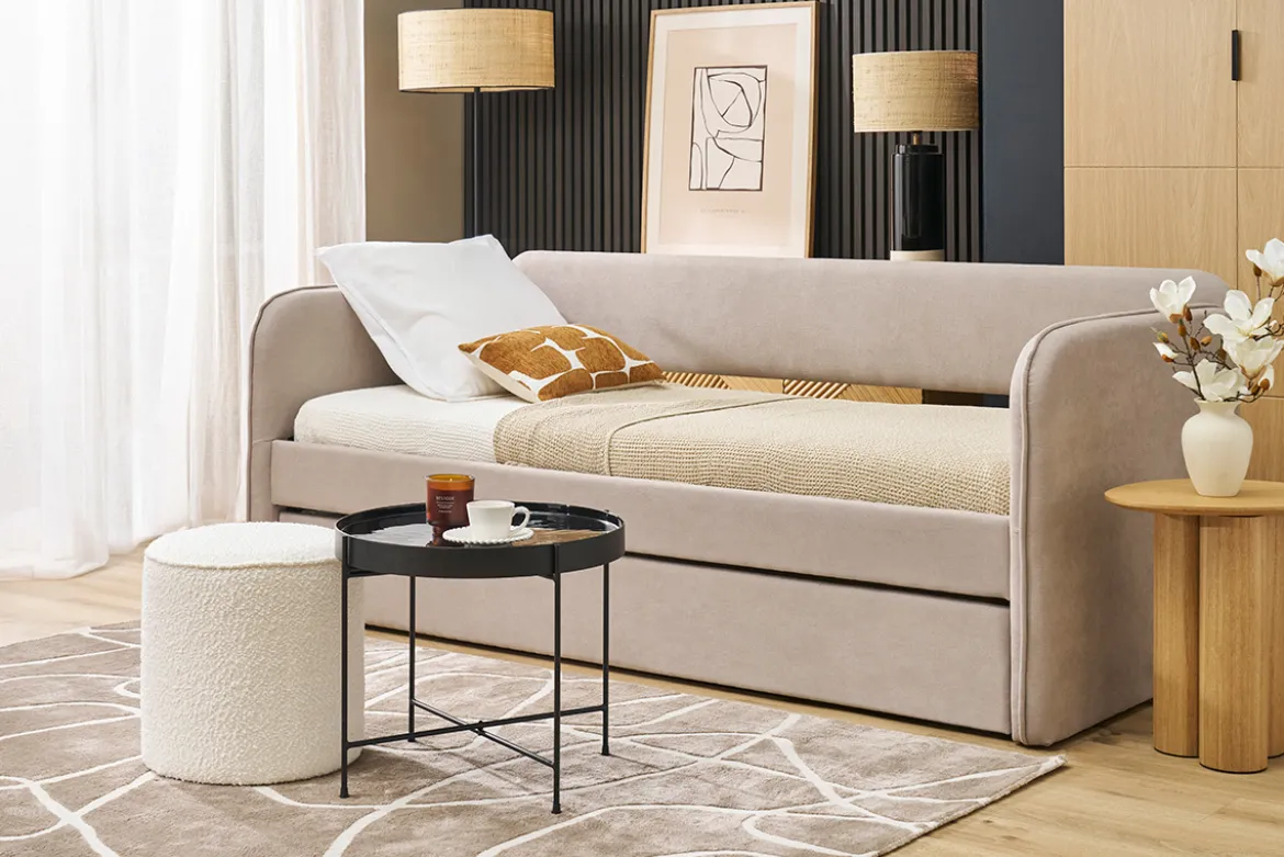 Lit gigogne en tissu taupe 90 x 190 cm EDISON