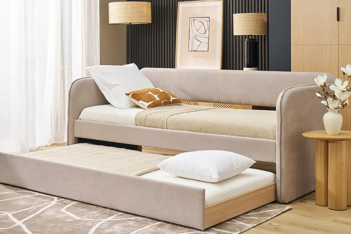 Lit gigogne en tissu taupe 90 x 190 cm EDISON
