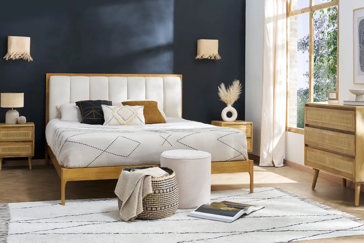 Lit 2 places 160x200 cm en bois clair et tissu gris clair RONN