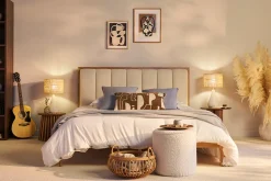 Lit 2 places 160x200 cm en bois clair et tissu gris clair RONN