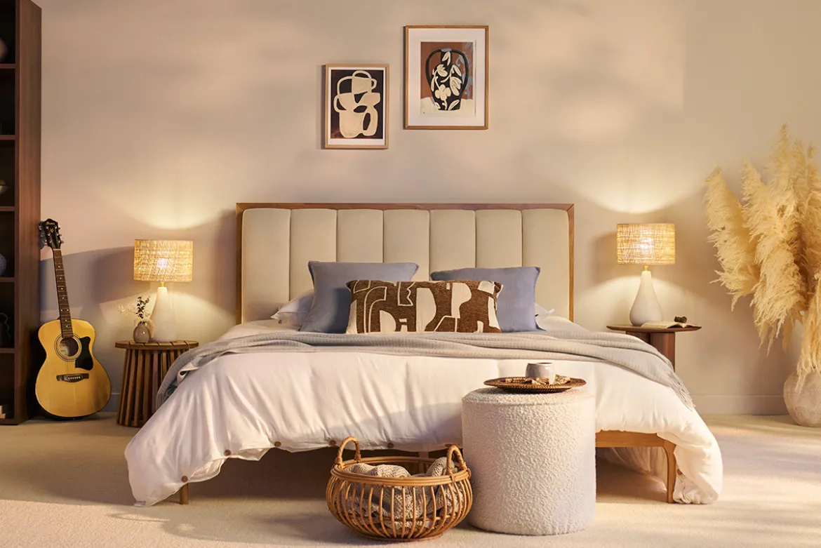 Lit 2 places 160x200 cm en bois clair et tissu gris clair RONN