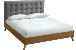 Lit 2 places 140x200cm en bois et tissu gris capitonné LYNN