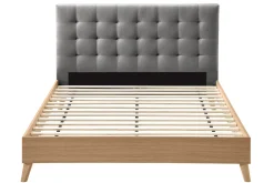 Lit 2 places 160x200 cm en bois et tissu gris capitonné LYNN
