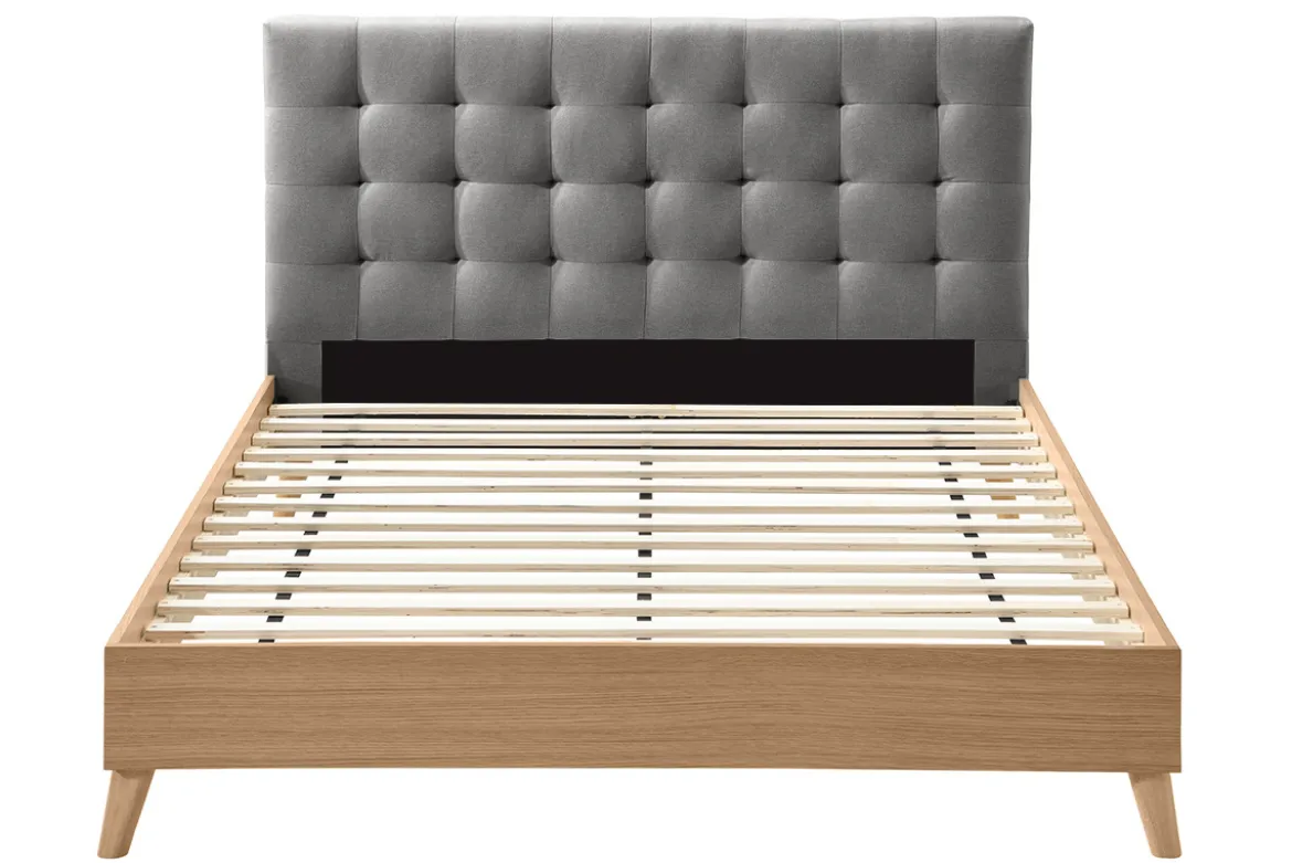 Lit 2 places 160x200 cm en bois et tissu gris capitonné LYNN