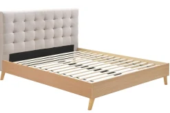 Lit 2 places 160x200 cm en bois et tissu beige LYNN