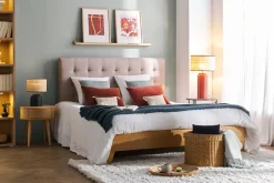 Lit 2 places 160x200 cm en bois et tissu beige LYNN