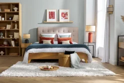 Lit 2 places 160x200 cm en bois et tissu beige LYNN