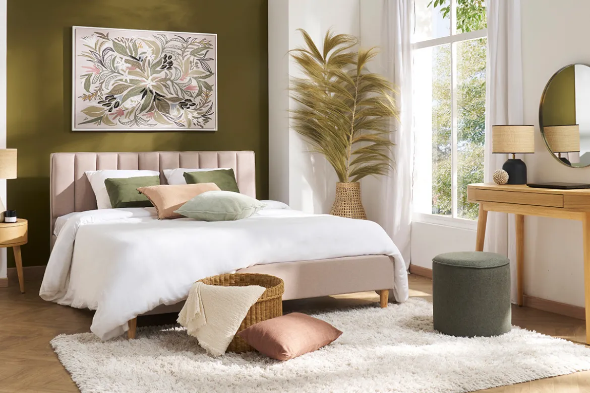 Lit 2 places 160x200 cm en tissu beige DIANE