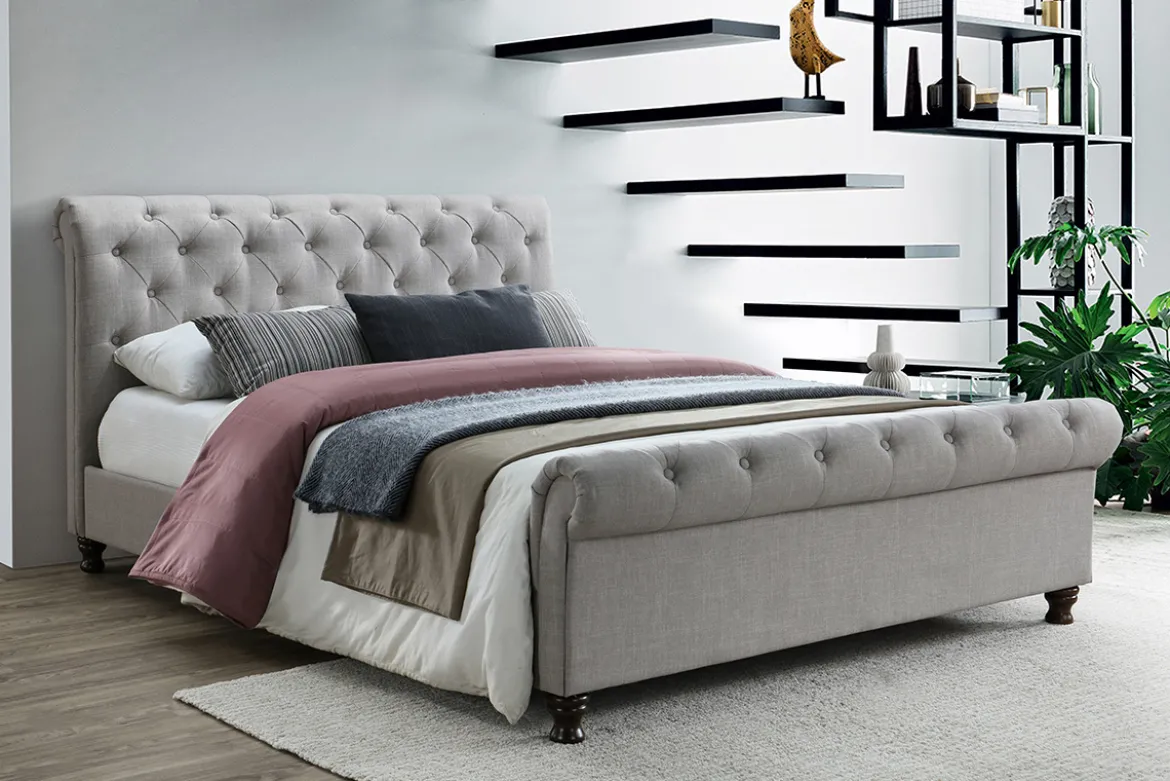 Lit 2 places 160x200 cm en tissu gris capitonné RILEY