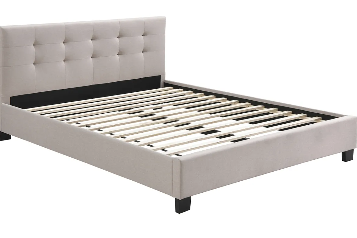 Lit 2 places 160x200 cm en tissu lin beige capitonné MARQUISE