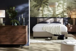 Lit 2 places 160x200 cm en tissu lin beige capitonné MARQUISE