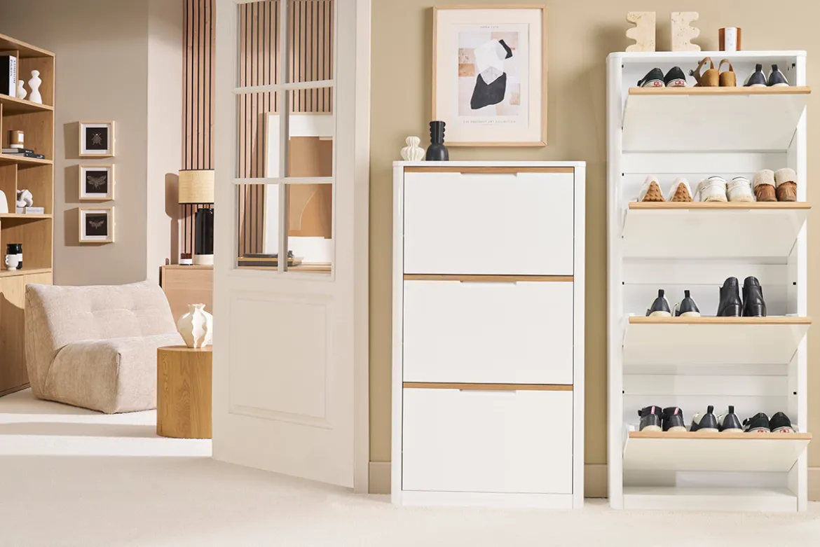 Meuble à chaussures 4 portes finition blanc laqué brillant L68 cm KIRK