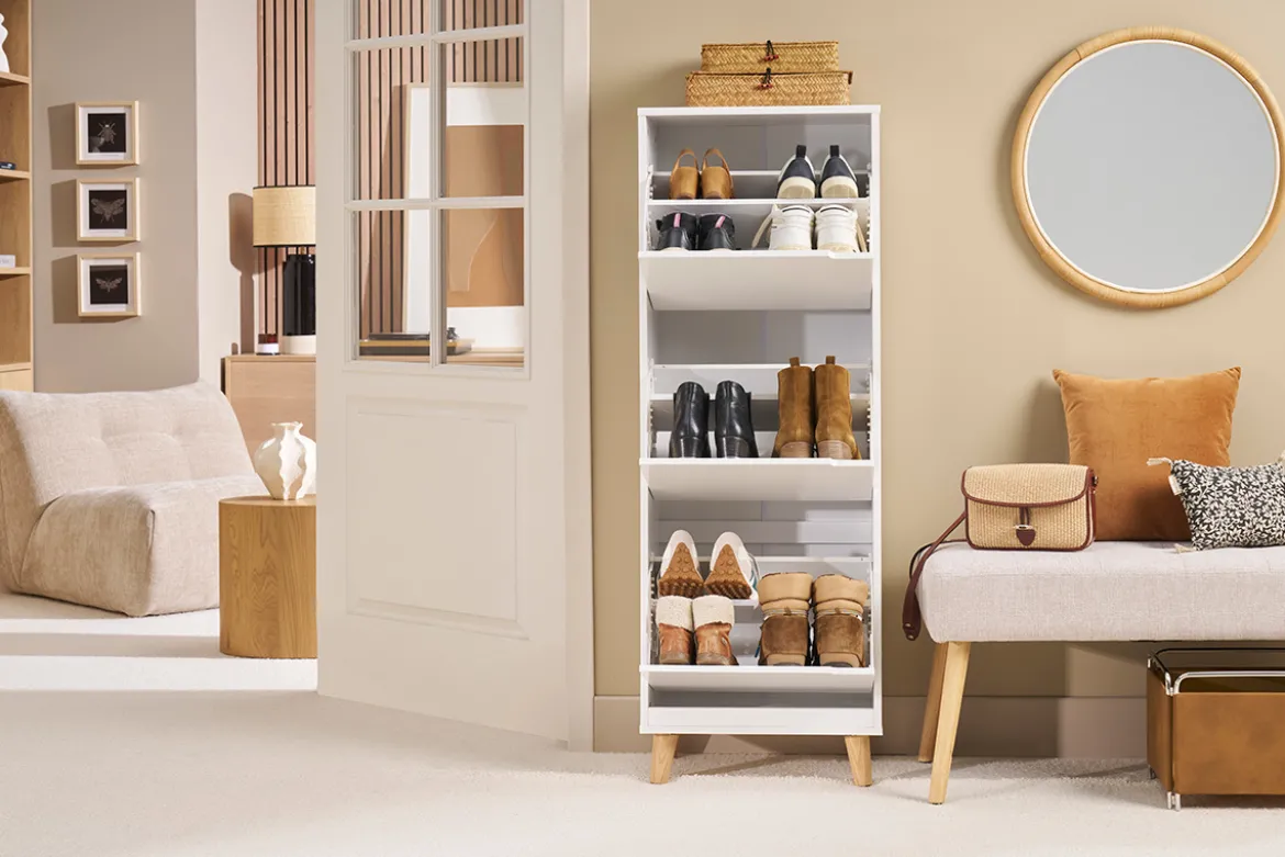 Meuble à chaussures scandinave blanc et bois 3 casiers L47 cm MITRAA