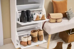 Meuble à chaussures scandinave blanc et bois 3 casiers L47 cm MITRAA