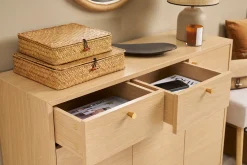 Meuble d'entrée - meuble de rangements à chaussures finition bois clair chêne et métal doré L110 cm SILVESTRE